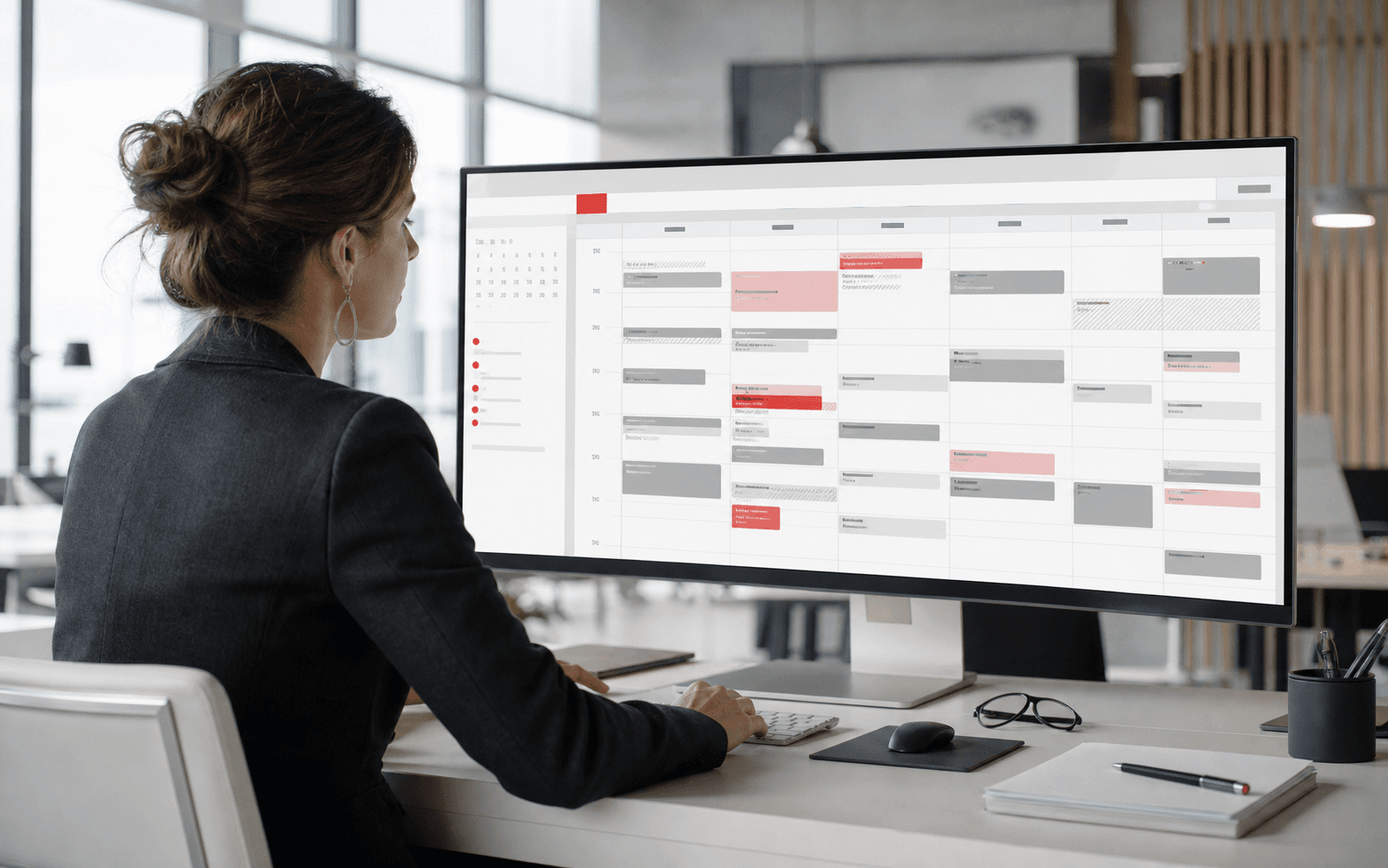Academic scheduling manager reviewing a complex digital schedule